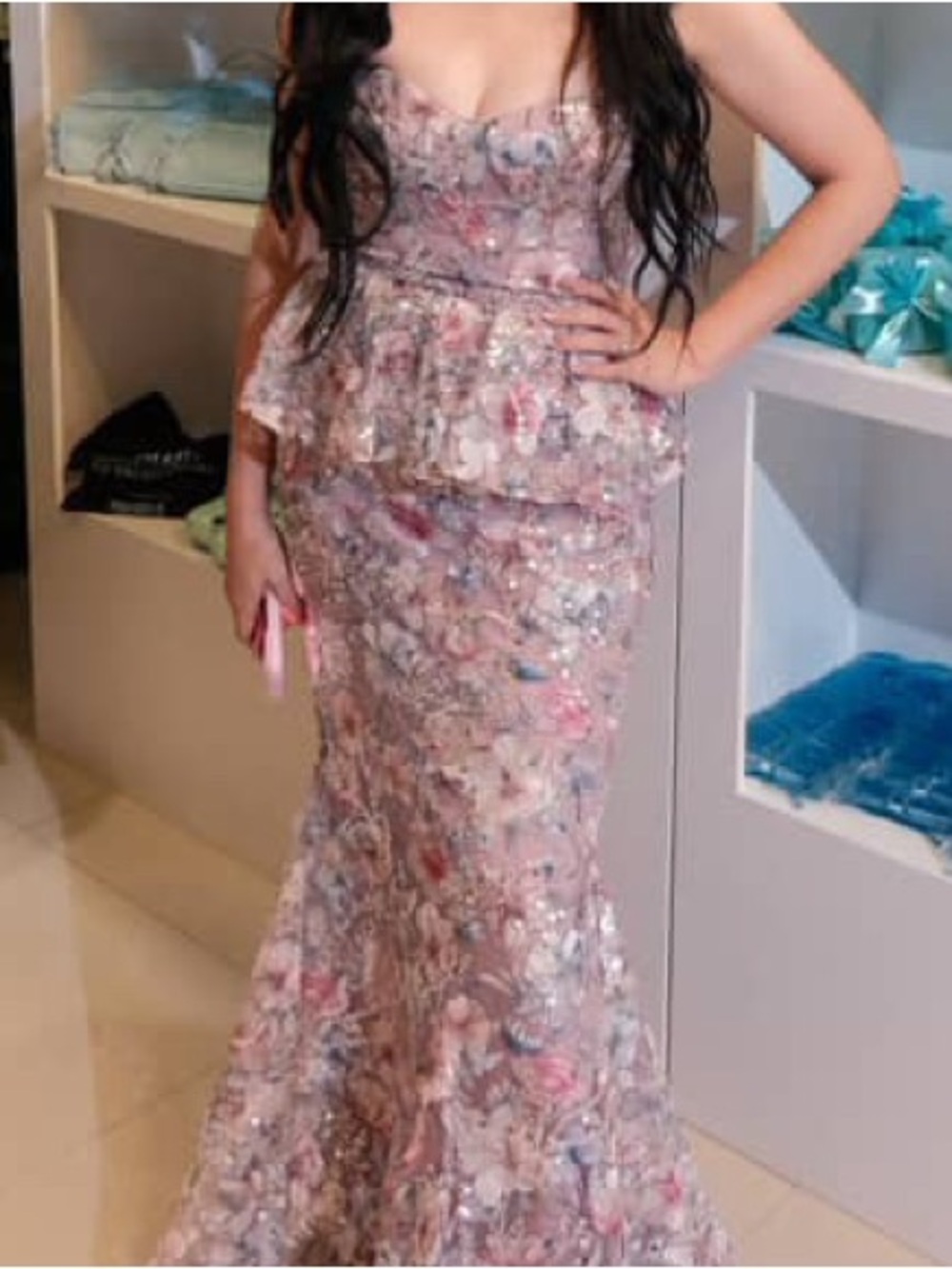 Dress the Population Pink Multi-Tone Floral Peplum Evening Gown
